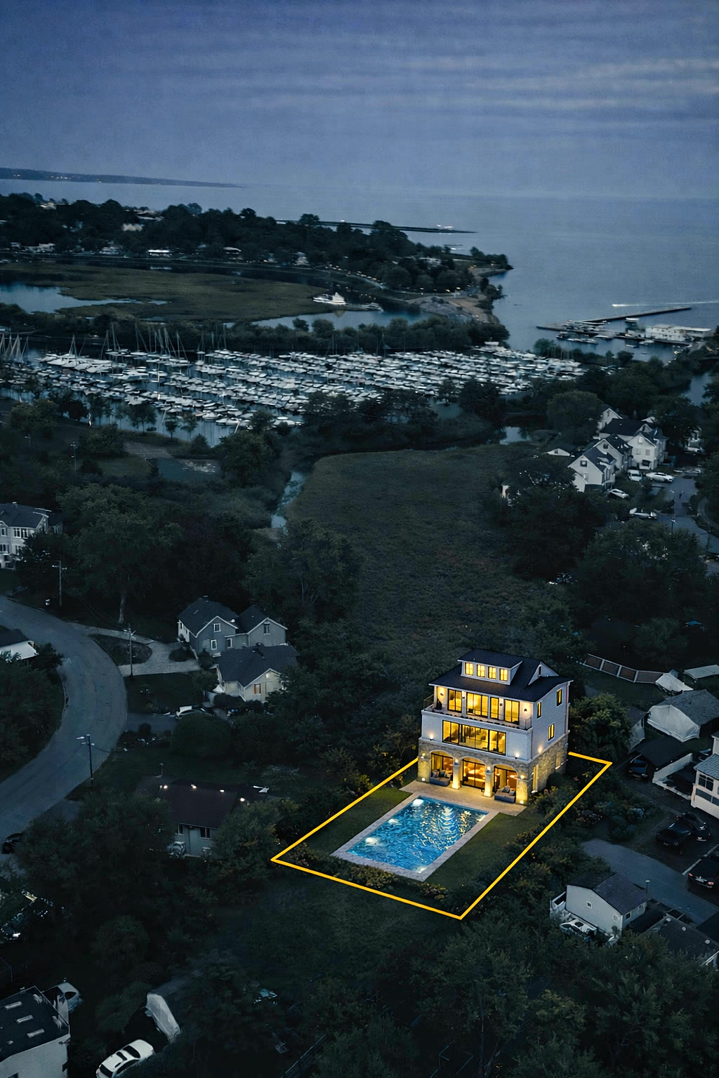 Aerial view of Casa DOS at dusk — the last home on the dead end, the lot outlined in gold, the 2-acre marsh, the marina, and Long Island Sound beyond
